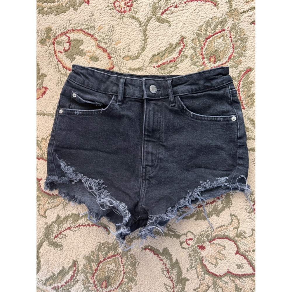 Zara Womens 4 High Waisted Distressed Black Denim Shorts Cutoff Raw Hem